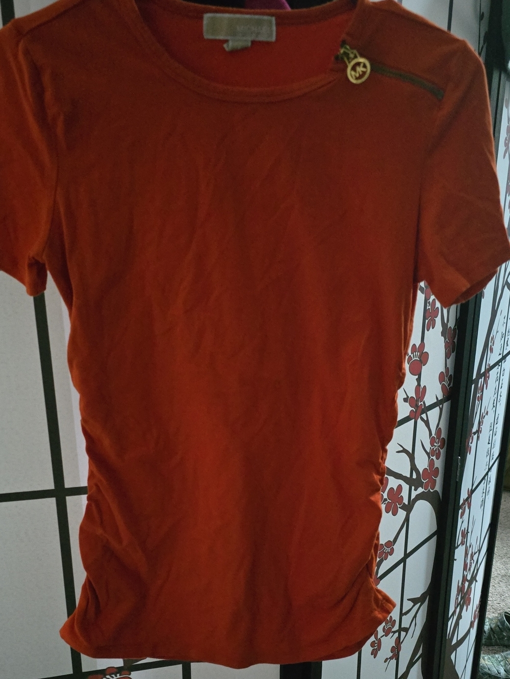 Michael Kors Orange Crewneck Short-Sleeve Top with Zip Charm